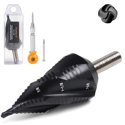 MulWark M35 Cobalt Step Drill Bit Set with Center Punch, TiAlN Coated Unibit(1/4'-1-3/8'), 4 Spiral Flute Hex Shank for Stainless Steel, Metal, Wood, Plastic
