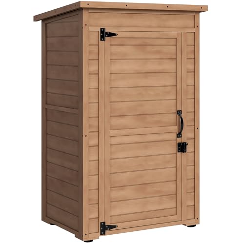 Outsunny Armoire d'extérieur avec étagère réglable et toit inclinable, armoire de jardin en bois avec pêne dormant, 75x56x117cm, marron