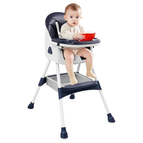 Steeviuzj Baby Hochstuhl bis 80kg, Faltbarer Kinder Essstuhl mit Verstellbares Doppeltablett, Sicherheitsgurt, Hufeisenfüße Rutschfest, Höhenverstellbar Kinderhochstuhl Für 6 Monate bis 6 Jahre (Blau)