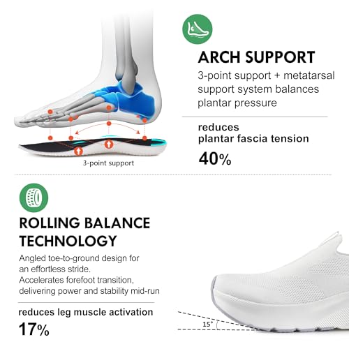JACKSHIBO Mens Slip Ins Free up Hands Shoes Wide Toe Box Arch Support Orthopedic Walking Sneakers Cushioned Thick Zero Drop Sole Metatarsal Pads White Size 12
