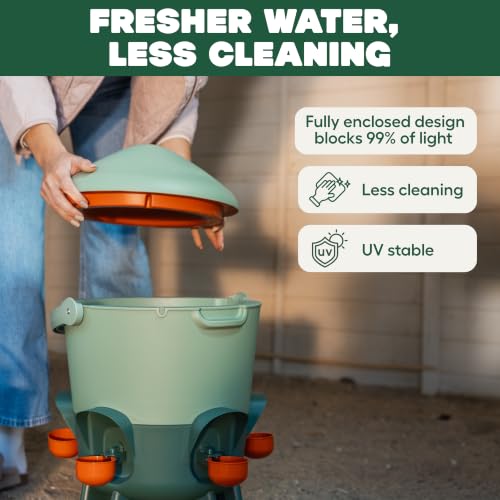 Image of Omlet Insulated Chicken Waterer, 3 Gallon | Automatic Poultry Water Dispenser with 5 Cups & Nipples Included | BPA-Free | Anti-Roost Lid | Sage Green