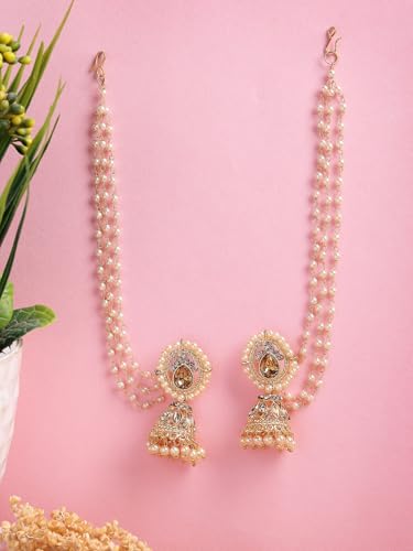 Image of Sukkhi Fashion-Forward Ethnic 18k Gold Plated with Kundan & Pearls Studded Long Earchain with Jhumka /Jhumki Earring Jewellery For Women & Girls|E107335