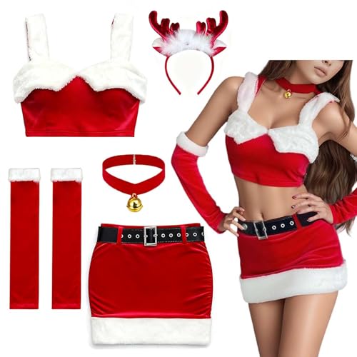 Sexy Weihnachtskostüm Frauen Samt Weihnachtskostüm Damen Set mit Weihnachtsrock und Weihnachts Oberteil Zweiteiler Curvy Weihnachtsfrau Kostüm...