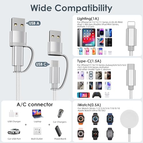Image of 2Pack Travel Essentials,Multi Charging Cable for Apple Watch Charger White