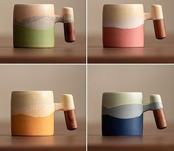 2.9 oz ceramic espresso shot cups Set of 4, Small Coffee Mug with Wood Handle, Small Gradient demitasse espresso cups, Ceramic Tea Mug Gift Box Packaging (Straight Handle) (Straight Handle)