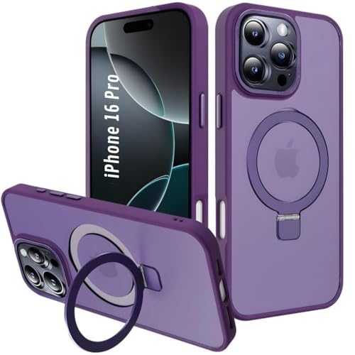Image of AIBEX Back Cover for Apple iPhone 16 Pro MagSafe Compatible with OStand Ring Kickstand Magnetic Metal Alloy Ring | Wireless Charging | Thin Scratch Resistant Armor | Shockproof Protective Case-Purple