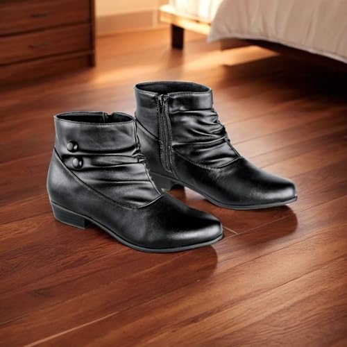 Collections Etc Women's Button Ankle Slouch Boots w/Low Heel BLACK 113