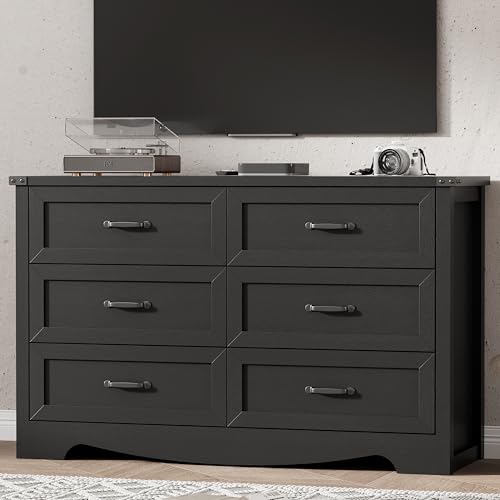 Image of Dresser for Bedroom with 6 Drawers, 54 inch Wide Wood Chest of Drawers with Deep Drawers & Mental Handle, Modern Dresser TV Stand, Wooden Closet Storage Organizer for Living Room, Hallway, Entryway, Black