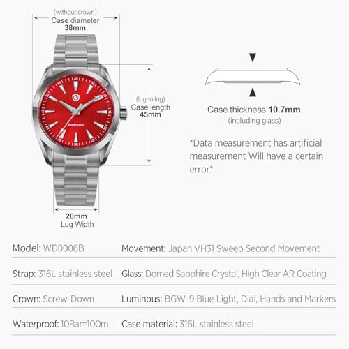 Image of watchdives VH31 Quartz Watch, WD0006 Stainless Steel Men Watches 38mm Domed Sapphire Crystal Luxury Wrist Watch Sweep Sport Watch 100M Waterproof (Red)