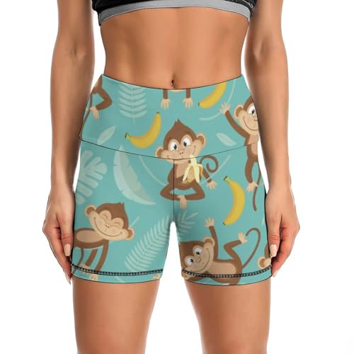 JYYAU Monkey Tropical Banana Palm Trees High Waist Yoga Shorts for Women Athletic Shorts Leggings Running Pants Black