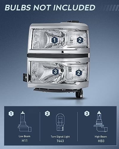 Image of Nilight Headlight Assembly for 2014 2015 Chevy Silverado 1500 Pickup Truck | Replacement Headlamp Chrome Housing Clear Reflector Driver and Passenger Side