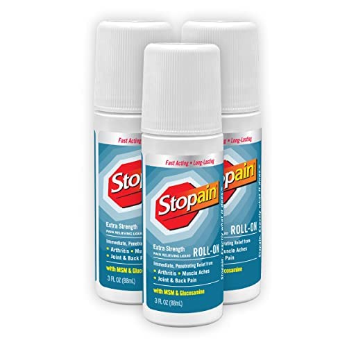 Stopain Pain Relief Roll On Gel 3oz (3 Pack) USA Made, Max Strength Fast Acting with MSM, Glucosamine, Menthol for Lower Back, Knee, Neck, HSA FSA Approved Topical Analgesic Products
