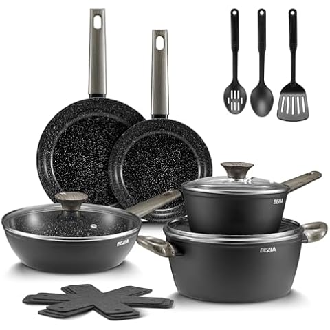 BEZIA Induction Cookware Set 15-Piece, Nonstick Pots and Pans Set, Non Stick Kitchen Cooking Cookware Set with Stay-Cool Bakelite Handle, Dishwasher Safe, Compatible with All Stoves, Black Cover