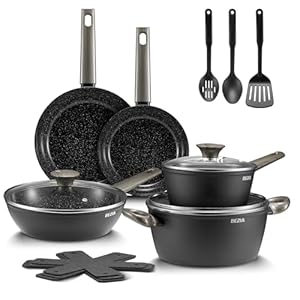 BEZIA Induction Cookware Set 15-Piece, Nonstick Pots and Pans Set, Non Stick Kitchen Cooking Cookware Set with Stay-Cool Bakelite Handle, Dishwasher Safe & Oven Safe, Compatible with All Stoves, Black
