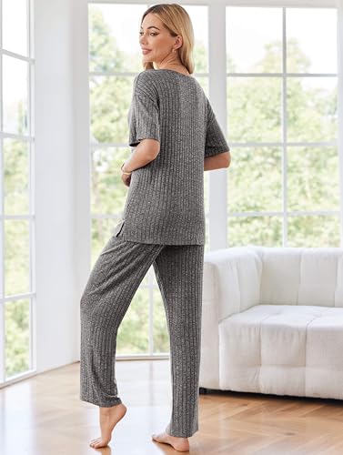 Image of Ekouaer Womens Ribbed Knit Lounge Set Short Sleeve Top and Long Pants Sleepwear Pajama Set Two Piece Matching Outfits Set