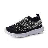 GOSPT Zapatos de malla para caminar para mujer, con diamantes de imitación, sin cordones, para salón de baile, jazz, danza latina, Azul oscuro, 35.5 EU