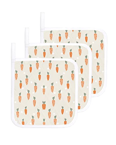 3 PCS Pot Holders with Hanging Loops, Easter Spring Carrot Tea Painting Heatresistant Potholders Coasters Mat for Kitchen Cooking Baking BBQ Beige Dots Filling
