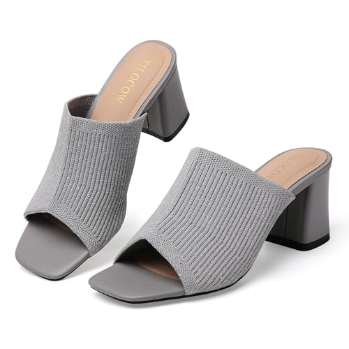 Image of Tilocow Knit Heeled Sandals for Women Square Open Toe Heeled Mules Chunky Block Low Heel Slip On Slides