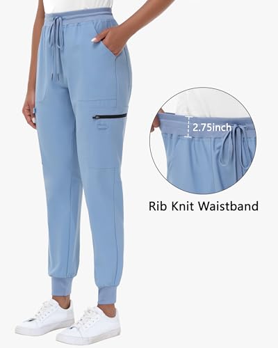 Image of MIVEI High Waisted Jogger Style Scrub Pants for Women - 8 Pockets Medical Bottoms Tapered Yoga Waistband Ribbed Ankle Cuffs
