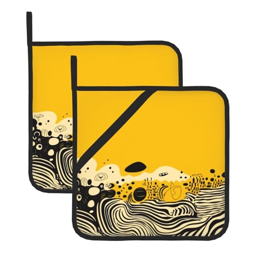 Set di 2 presine da cucina, colore giallo senape e nero, resistenti al calore, antiscivolo, per cucina, cottura, barbecue, presine con tasche