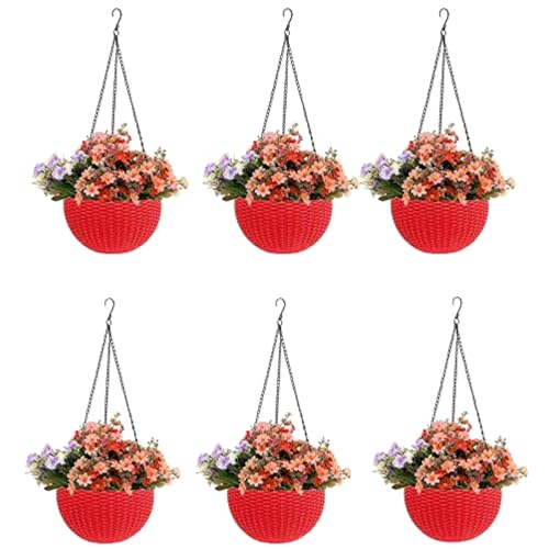 Image of Go Hooked Pots | Plastic | Hanging Pot | Red | Pot Diameter- 7.1 Inch | Pot Height-4.8 Inch | Pot Thickness-3 mm | Chain Length-13 inch Approx. | 6 Pieces