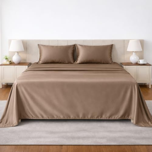 Image of LANE LINEN 100% Cotton Satin Fantasy Bedsheet Double Size - Taupe