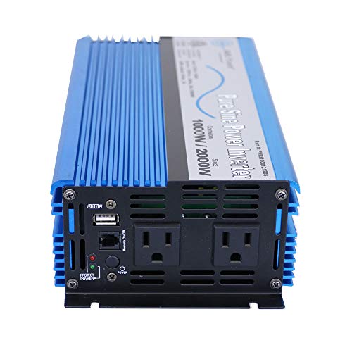 AIMS 1000 Watt, 2000 Watt Peak, Pure Sine DC to AC Power Inverter, USB Port, 2 Year Warranty, Optional Remote, Listed to UL 458