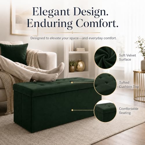 Image of ALASDO 43 Inch Folding Storage Ottoman Bench with Hidden Storage, Velvet Storage Ottoman Foot Rest Stool, End of Bed Bench for Bedroom, Living Room, Entryway and Closet, Dark Green