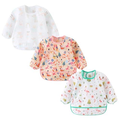 Image of ElecMotive 3 Pack Long Sleeve Bib,Baby Smock for Eating 6-30 Months Reusable Shirt Bibs for Babies Toddler