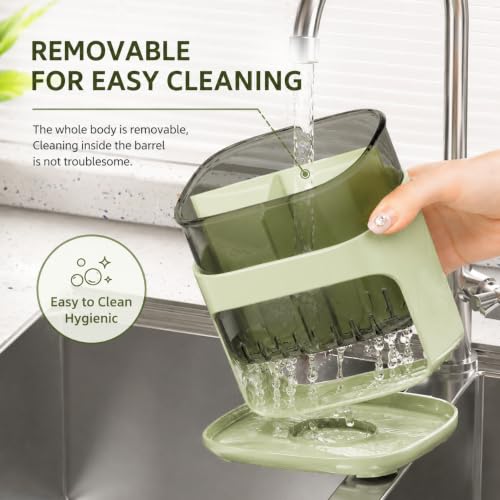 Image of Cutlery Holder with Drainage Tray | Kitchen Cutlery Organizer with Removable Partition | Large Capacity Countertop Storage Caddy (Green)
