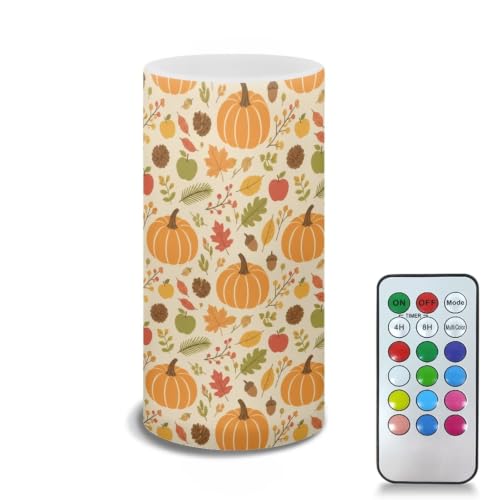 Image of Poceacles Flameless Candle Battery Powered with Remote Control 12 Colors 4 /8 Hours Timer LED Night Lights Pillar Candle Tealights Autumn Home Indoor Decor, Pumpkin Fall Leaves Print Beige