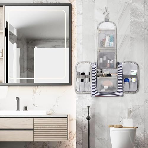 Pearl Angeli Hanging Toiletry Bag for Women, Large Makeup Cosmetic Bag, Water Resistant Toiletries Travel Essentials Organizer, Full-size Container, Navy-striped2