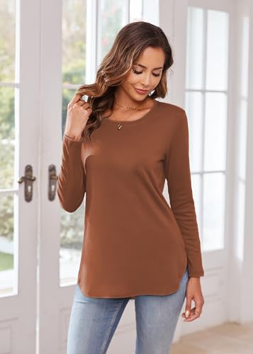 Image of Herou Women's Casual Long /Short Sleeve T Shirt Crewneck with Side Split Fall Pullover Loose Tunic Sweater Tops