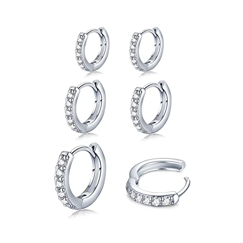 3 Paar Silber Creolen Ohrringe Für Damen, Weißgold Silber Ohrringe Set Mit AAA+ Zirkonia Schlafen Knorpel Creolen Ohrringe Für Damen Herren Mädchen 6/8/10mm Cover