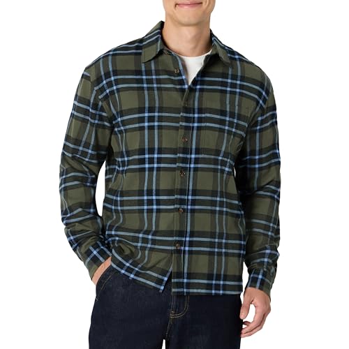 Amazon Essentials (La elección de Demi) Camisa de Franela de Manga Larga y Corte Holgado Hombre, Verde Oliva Oscuro Azul Patrón A Cuadros Sencillo, XL