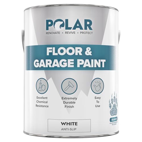 Polar White Anti-Slip Heavy Duty Floor & Garage Paint - 5 Litres - For Concrete and Stone Floors, High Performance Paint Protection, Hard Wearing Mid-Sheen Finish & Slip Resistant