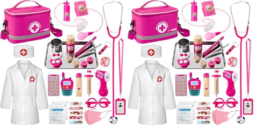 EFO SHM Maleta Médica Infantil de Madera con Estetoscopio Real, Bata, Bolsa Médica, Termómetro y Jeringa – Juguete Educativo para Niños de 3+ Años (Paquete de 2)