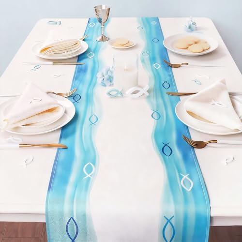 Kommunion Deko, 270x30cm Tischläufer mit christlichen Fischen Konfirmation Tischdeko Taufe Tischband für Junge Mädchen Leinenoptik Tischdecke Läufer Dekoration