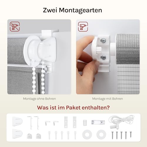 WOLTU Doppelrollo Klemmfix ohne Bohren 90x150 cm, Holzlook Grau – Ansicht 4