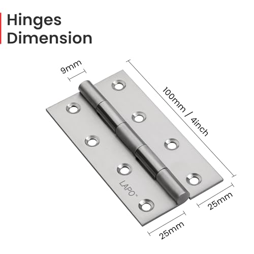 Image of LAPO Stainless Steel Hinges, 4 Inch x 14 Gauge /1.8mm Thickness, Door Butt Hinges, Smooth Operation, Suitable for Bedroom Doors, Cupboards & Windows, 5 Years Warranty, Matt Finish, Pack of 3