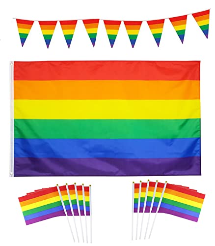 Juego de 3 banderas de poliéster arcoíris 90 x 150 cm con ojales de latón, 15 unidades Small Pride Glag (5 metros) Cover