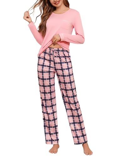 Irdcomps Schlafanzug Damen Lang Pyjama Baumwolle Winter Zweiteilige Nachtwäsche Set Karierte Pyjamahose Langarm Sleepwear Rosa M