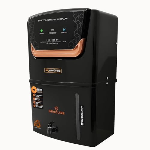Image of Seacure Aqua i8 Digital Display RO Water Purifier for Home | RO+UF+UV+TDS+4X Alkaline Booster | 12L Storage | Fully Automatic | ISI Certified | Suitable for all type of water supply | Brown