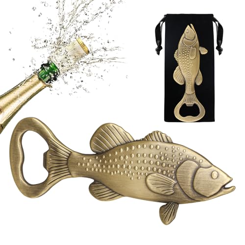 LKKCHER Bass Beer Bottle Opener, Fishing Gifts for Fisherman, Bass Fish Decoration, Birthday Fathers Day Christmas Gifts for Men Women Dad Fisherman, Bronze Beer Accessories with Bag
