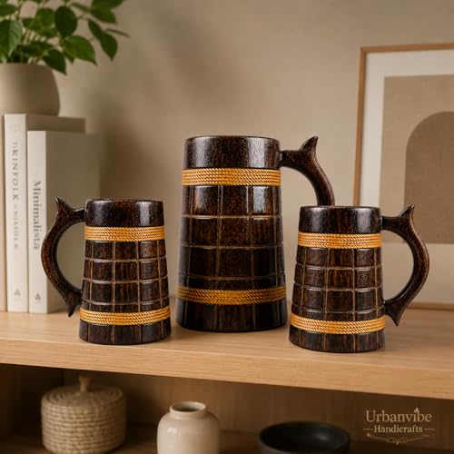 Image of Wooden Beer Bar Combo Set | Barrel Shaped Jumbo Mug | 2 Small Beer Mug 300ML (5 x 4 inches Each) & 1 Large Beer Jug 750ML | Barfi Design