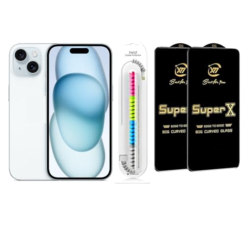 Image of Edge To Edge Tempered Glass Screen Protector Compatible With iPhone 15, 9H Hardness, Anti-Fingerprint, FHD Clear With Cable Protector Pack 2