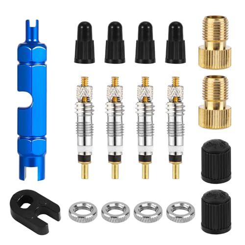 Valve Core Repair Kit for Presta 4 Valve Cores 4 Valve Core Caps 4 Nuts 2 Plastic Caps 2 Converters and 2 Plastic & Alloy Valve Stem Dismantle Removal Tool for Bike Tire Application