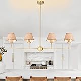 Boho Industrial 4-Light Kitchen Island Light, Gold Linear Hanging Chandelier with Boho Rattan Shades, Rustic Island Light Fixture for Dining Room