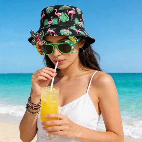 Flamingo Fischerhut Herren Damen Set Mit Lustiger Brille Bucket Hat Flamingo Muster Für Sommer Urlaub Mallorca Festival Outfit Damen Party Accessoires Hawaii Look Sonnenhut Paket Mallorca Party Outfit