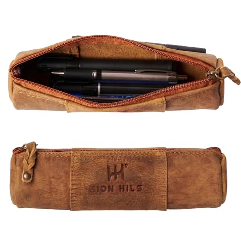 HION HILS Leather Pencil Case -100% Leather Zippered Pen Pouch - Stationery Bag Pen Holder for Work & Office (Antique Brown)